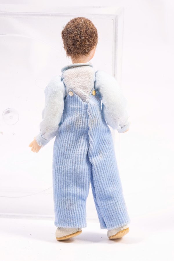 Dollhouse Miniature ~ Porcelain Doll Little Boy in Striped Blue Overalls and Puffed Shirt Artisan Made Pat Melvin Hot on Sale