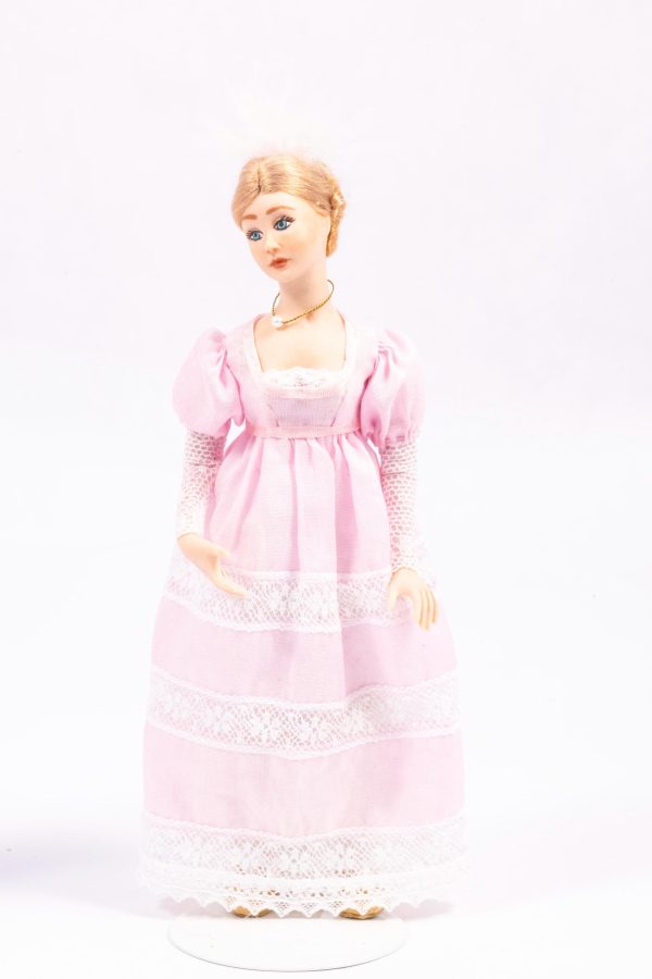 Dollhouse Miniature ~ Porcelain Doll Regency Era early 19th Century England Lady in Pink Dress with White Lace Debra Hammond Artisan Made Supply