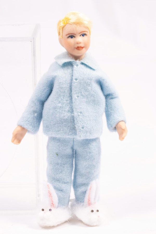 Dollhouse Miniature ~ Little Boy Doll Blonde Hair Light Blue Pajamas with Fuzzy Bunny Slippers Cindy Cook Artisan Made Online Sale