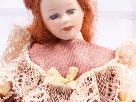 Dollhouse Miniature ~ Victorian Red Hair Porcelain Little Girl Doll in Salmon Pink Dress with Cream Colored Lace and Bow Artisan Made For Discount