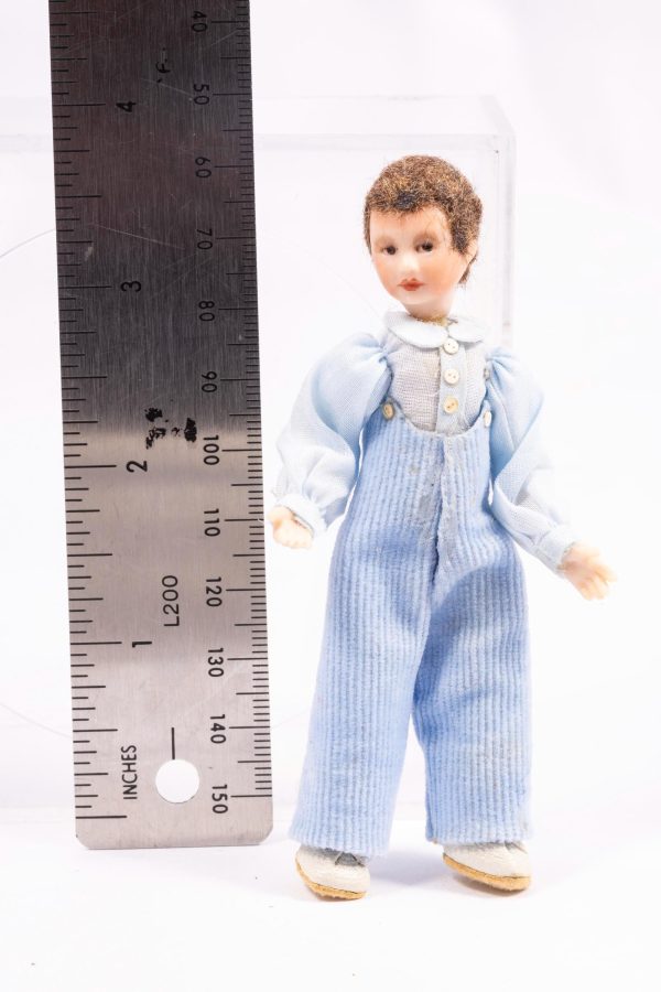 Dollhouse Miniature ~ Porcelain Doll Little Boy in Striped Blue Overalls and Puffed Shirt Artisan Made Pat Melvin Hot on Sale