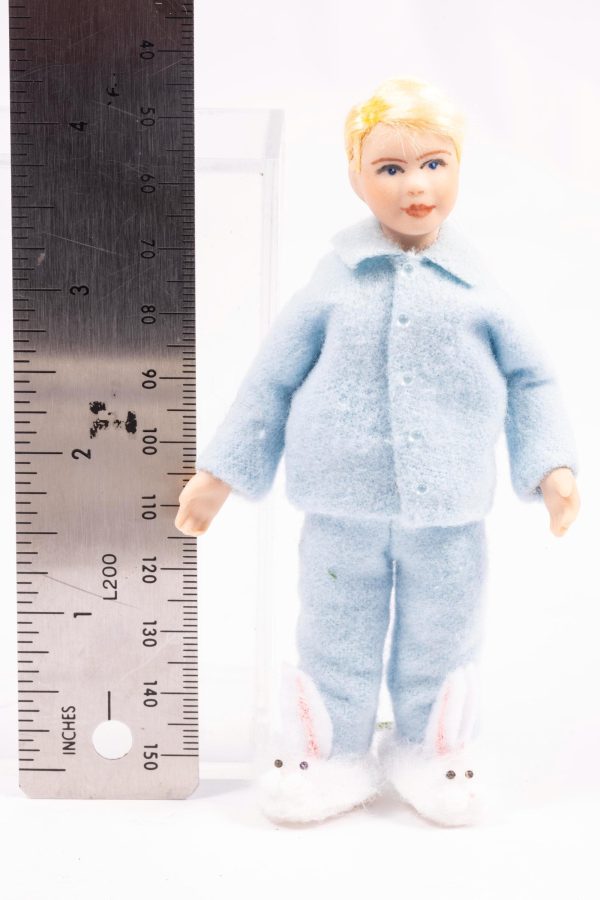 Dollhouse Miniature ~ Little Boy Doll Blonde Hair Light Blue Pajamas with Fuzzy Bunny Slippers Cindy Cook Artisan Made Online Sale