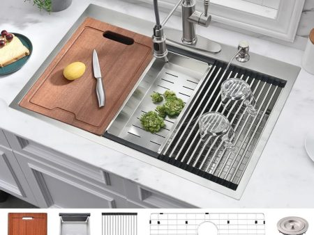 33 Inch Drop In Kitchen Sink Worktation-Bokaiya 33x19 Kitchen Sink Drop In Stainless Steel Workstation Sink 16 Gauge Single Bowl Deep Kitchen Sink with Cutting Board Online now