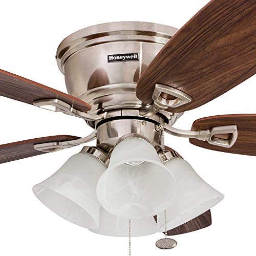 Honeywell 50182 Quick-2-Hang Hugger Ceiling Fan, 52” Dimmable LED White Swirled Marble Fixtures, Easy Installation Cimmeron Walnut Blades, Brushed Nickel Discount