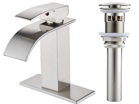 VOTON Waterfall Spout Single Handle Bathroom Faucet Brushed Nickel Commercial Modern Lavatory Tap with Pop-up Drain on Sale