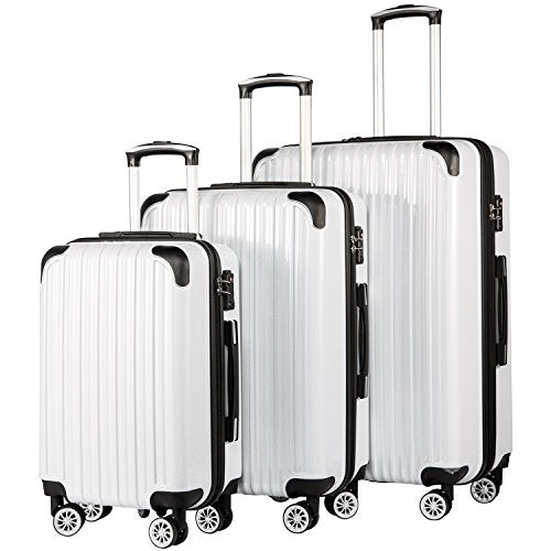 Coolife Luggage Expandable 3 Piece Sets PC+ABS Spinner Suitcase 20 inch 24 inch 28 inch (white grid) For Discount