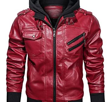 Hood Crew Men’s Casual Stand Collar PU Faux Leather Zip-Up Motorcycle Bomber Jacket With a Removable Hood Red L Sale