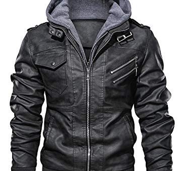 Hood Crew Men’s Casual Stand Collar PU Faux Leather Zip-Up Motorcycle Bomber Jacket With a Removable Hood For Sale