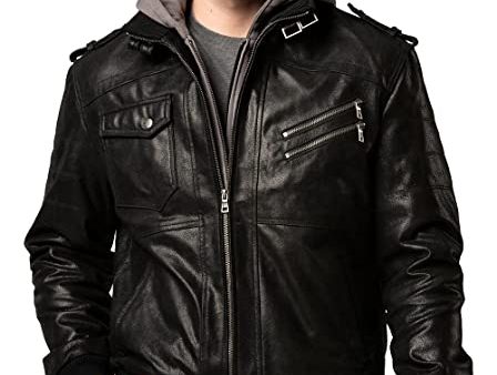 FLAVOR Men s Leather Motorcycle Jacket with Removable Hood Brown Pigskin (Large(US standard), Black+Gray) For Sale