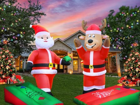 2 * 5FT Christmas Inflatables Cornhole, Santa Claus and Reindeer Play Cornhole Blow up Giant Yard Decoration, Outdoor Built-in LED Lights Party Lawn Holiday Winter Decor Outside Supply