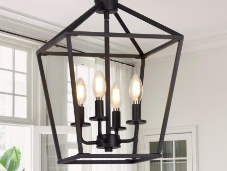 4 Light Chandelier, Industrial Ceiling Light Black Lantern Light Fixtures with Farmhouse Metal Cage Adjustable Height Rustic Geometric Hanging Light E12 Base for Kitchen Island, Entryway, Indoor Hot on Sale