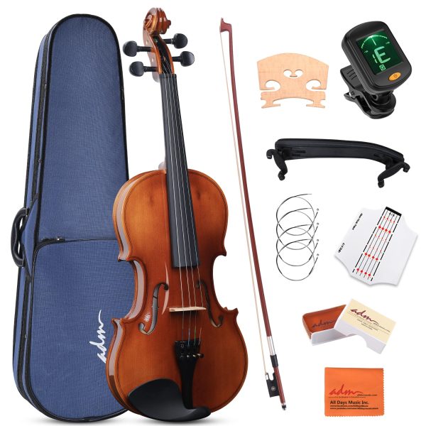 ADM 4 4 Full Size Wood Violin Set for Kids Teens Students Adults Beginner Acoustic Violin Glossy Fiddle Starter Kit with Hard Case, Rosin, Shoulder Rest, Bow, Clip-on Tuner and Fingerboard Sticker Fashion