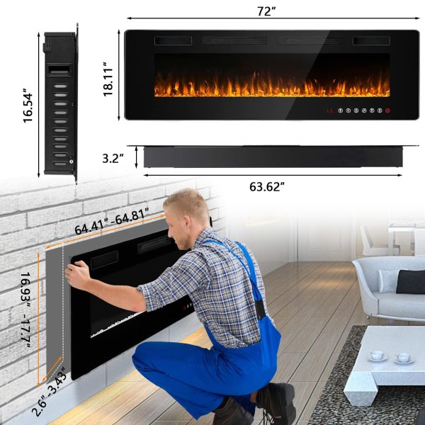 BOSSIN 72 inch Ultra-Thin Silence Linear Electric Fireplace, Recessed Wall Mounted Fireplace, Fit for 2 x 4 and 2 x 6 Stud, 12 Adjustable Flame Color & Speed,Touch Screen Remote Control with 8h Timer Online