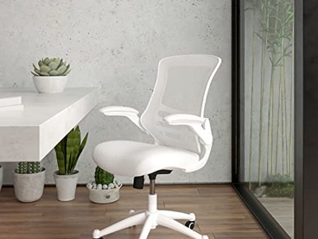 Flash Furniture Mid-Back White Mesh Swivel Ergonomic Task Office Chair with White Frame and Flip-Up Arms Fashion