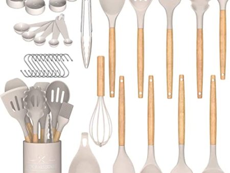 Umite Chef Kitchen Cooking Utensils Set, 33 pcs Non-Stick Silicone Cooking Kitchen Utensils Spatula Set with Holder, Wooden Handle Silicone Kitchen Gadgets Utensil Set (Khaki) Sale