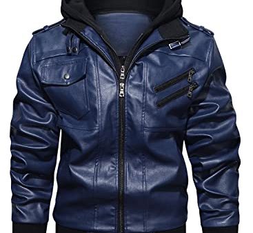 Hood Crew Men’s Casual Stand Collar PU Faux Leather Zip-Up Motorcycle Bomber Jacket With a Removable Hood Navyblue S Online now